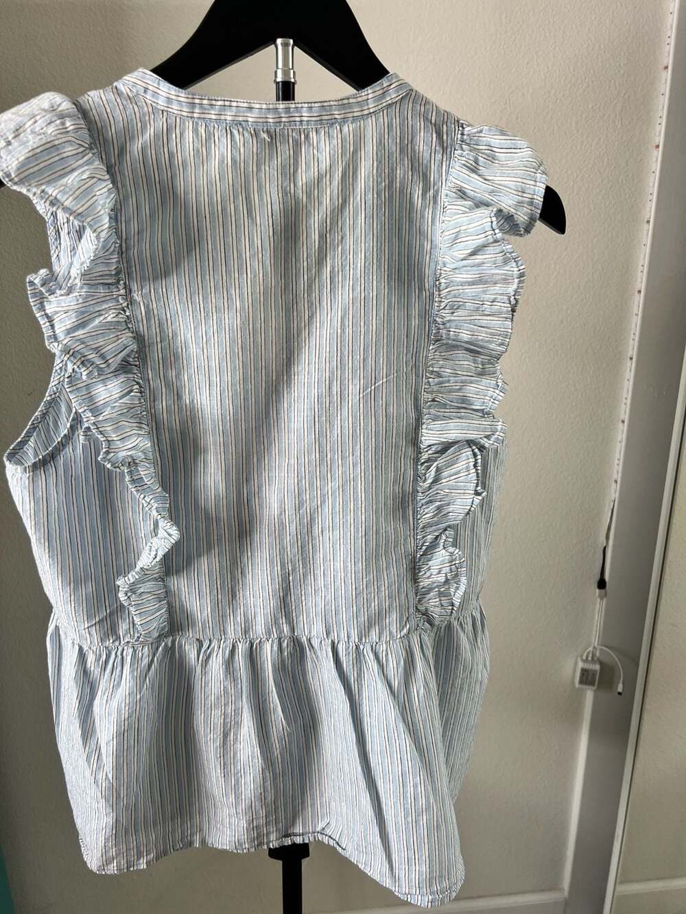 LOFT Striped Ruffle Tie Neck Peplum Sleeveless Blouse - Picture 9 of 11
